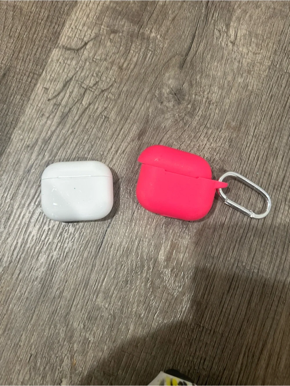 Apple AirPods with Bright Pink Silicone Case and Silver Carabiner